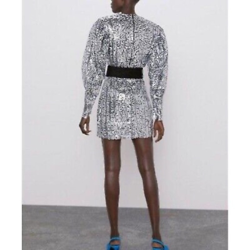 Zara White & Silver💎💎💎 Sequin Belted Mini Dress - Sz Large - NWT SALE - Picture 7 of 11